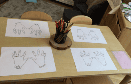 Handprint art activity at Monkey Puzzle Day Nursery Enfield, showcasing creative children's crafts and early childhood development in a nurturing nursery environment.