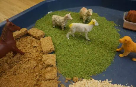Colorful plastic farm animal toys on green rice and cereal bedding, part of children’s educational play area at Monkey Puzzle Day Nursery Enfield.