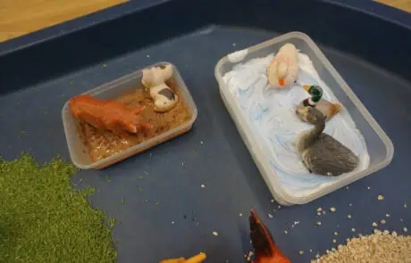 Beautiful plastic animal toys in food-themed tray at Monkey Puzzle Day Nursery Enfield with sensory play elements and educational activities for children in early childhood development.