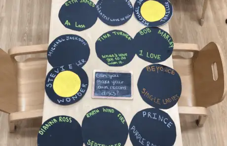 ETTA JAMES, Tina Turner, Michael Jackson, Beyoncé, Stevie Wonder, Prince, Dianna Ross - Alphabet themed children's record discs display at Monkey Puzzle Day Nursery Enfield for young children learning music and famous artists.