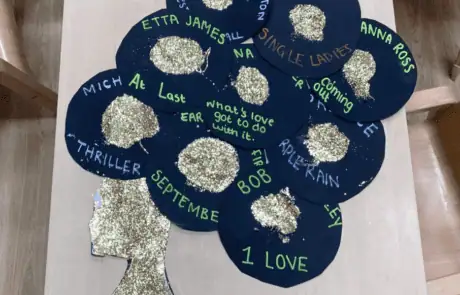 Etta James tribute craft with glitter on navy paper circles at Monkey Puzzle Day Nursery Enfield capturing children's creativity and love for music.