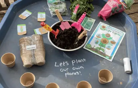 Sunflower seed packets, soil, gardening tools, and planting instructions for children at Monkey Puzzle Day Nursery Enfield, encouraging outdoor learning and environmental awareness.