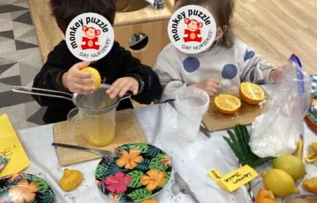 Vibrant image of young children at Monkey Puzzle Day Nursery Enfield engaging in a fun, educational activity involving fresh oranges and lemons, promoting sensory play and healthy eating habits.