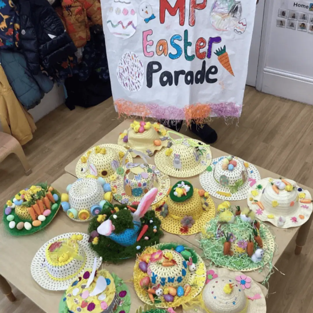 Easter-themed craft decorations and hats displayed at Monkey Puzzle Day Nursery Enfield for fun seasonal celebrations.