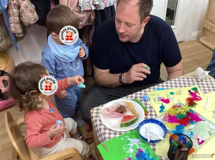 Brightly coloured children’s crafts and play activities at Monkey Puzzle Day Nursery Enfield showcasing engaging early childhood education.