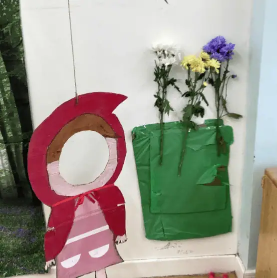 Bright colorful flowers displayed on a wall at Monkey Puzzle Day Nursery Enfield, showcasing a vibrant and engaging environment for children.