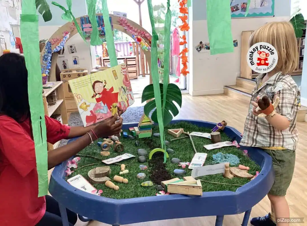 Monkey Puzzle Day Nursery Enfield children engaging in imaginative play with a sensory garden activity. Kids enjoy a vibrant, educational environment promoting early childhood development and creativity.