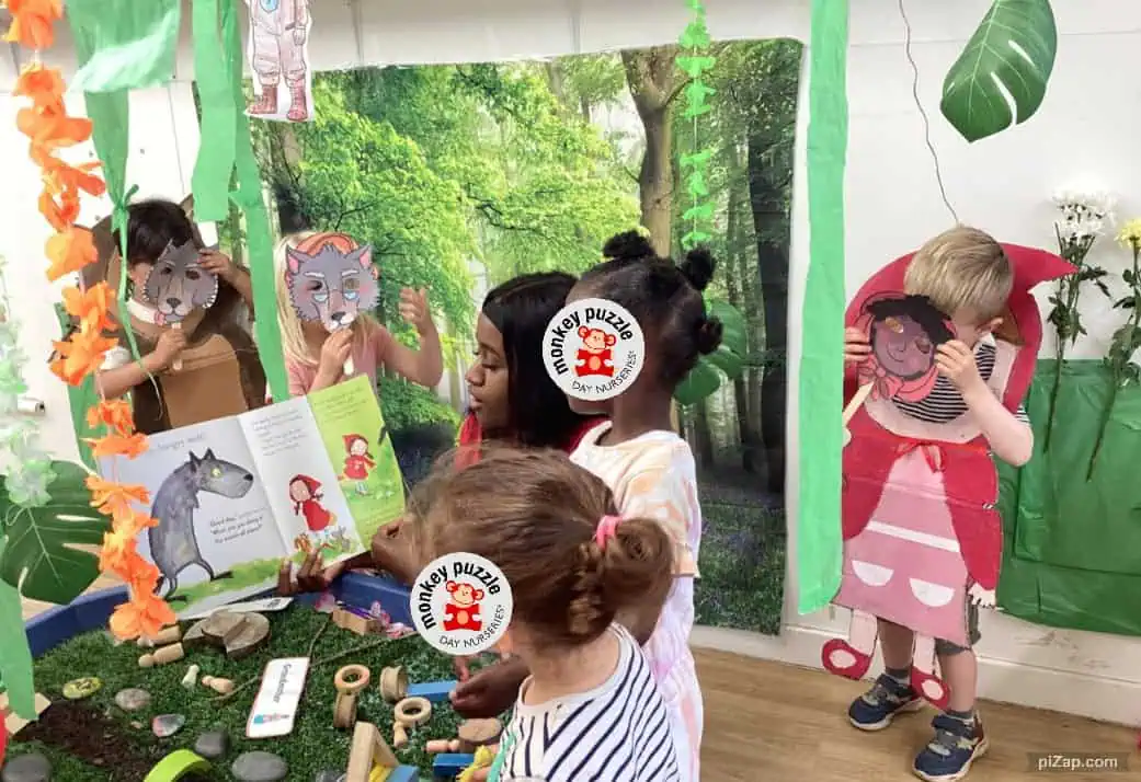Cutest kids reading storybook in classroom, playful forest theme with animal masks, educational activity at Monkey Puzzle Day Nursery Enfield, young children enjoying learning and imaginative play in early childhood education setting.