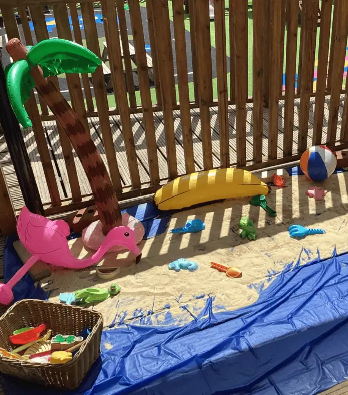 1_55599 Pediatric outdoor play area with sand, beach toys, and inflatable tropical themed decorations at Monkey Puzzle Day Nursery Enfield.