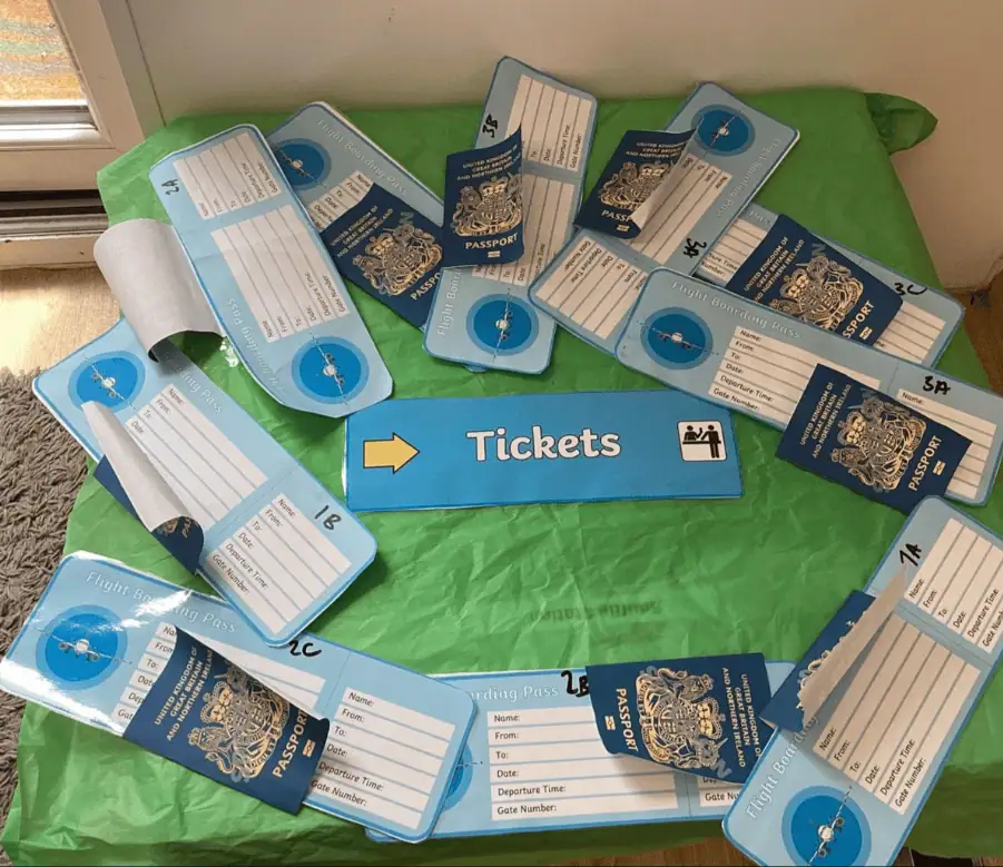 4_93910 Passport-themed travel tickets and boarding passes for children activity at Monkey Puzzle Day Nursery Enfield, promoting imaginative play and early learning.