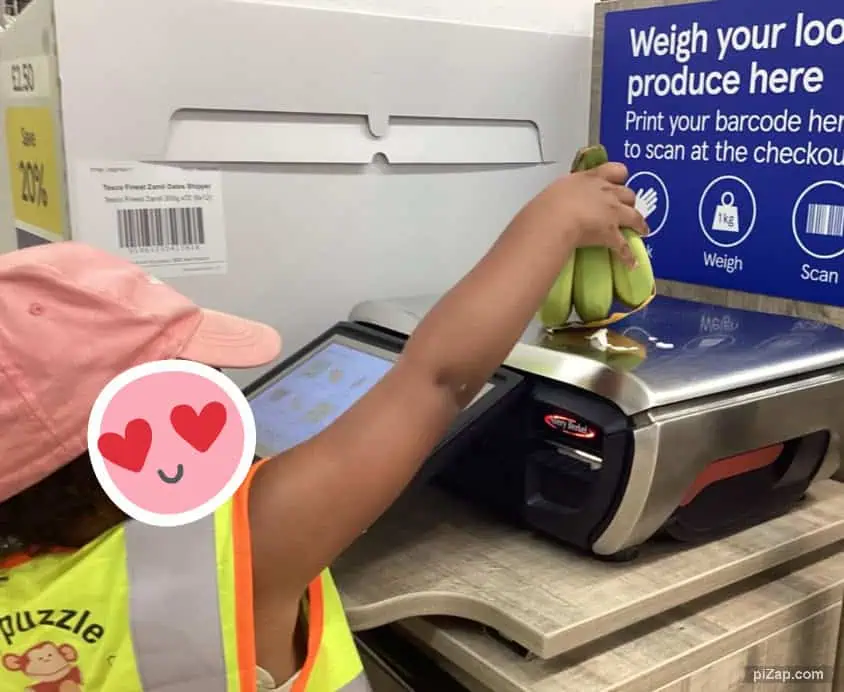 Fresh produce weighing at local supermarket, child using barcode scanner, healthy eating, kids shopping experience, educational activity for children.